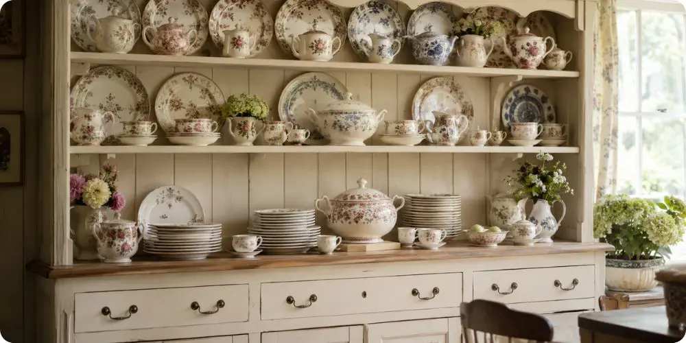 Dresser cottage anglais ouvert avec vaisselle vintage à motifs fleurs et faïence britannique