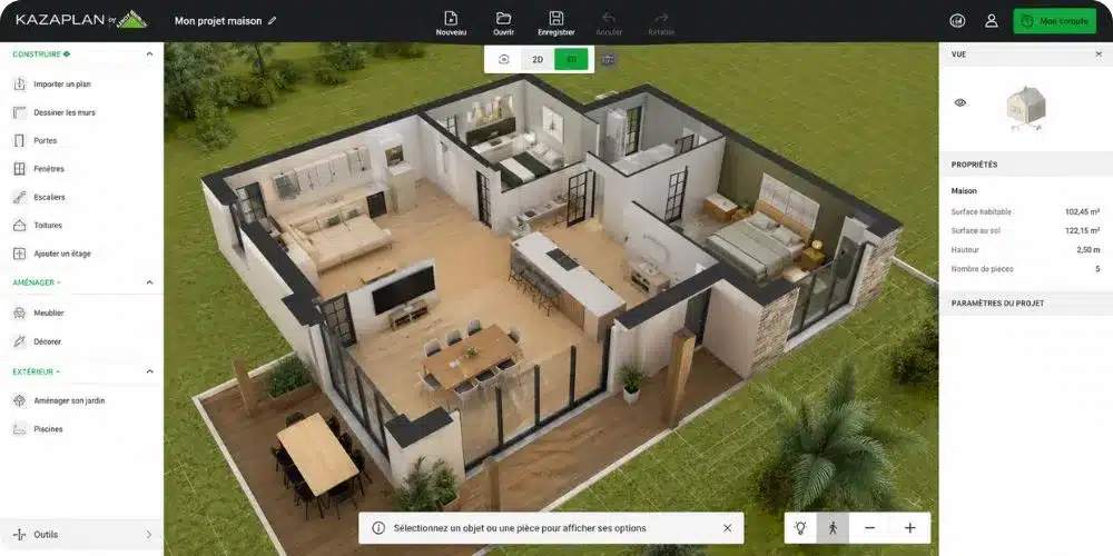 Écran d'ordinateur affichant un logiciel de plan maison 3D avec vue en perspective