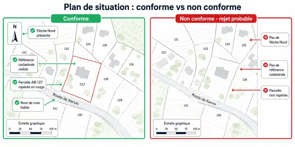 Exemple de plan de situation conforme avec flèche Nord comparé à un plan non conforme sans orientation