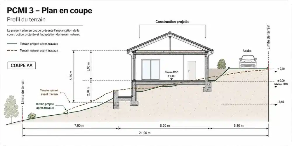 Exemple de plan en coupe PCMI 3 montrant le profil du terrain avant et après travaux
