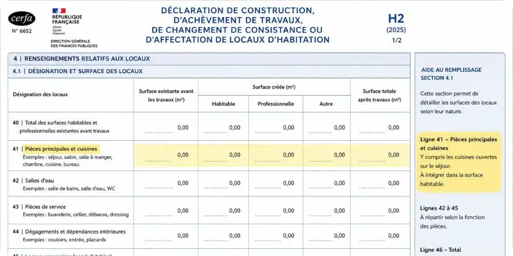 Formulaire H2 Cerfa 6652 section 41 avec cases pièces principales et cuisines surlignées