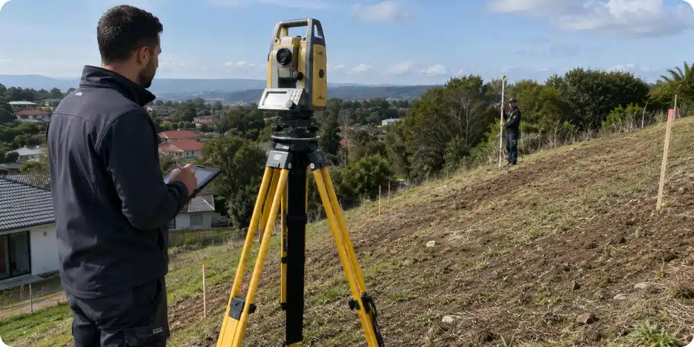 Géomètre-expert mesurant un terrain en pente avec équipement topographique pour plan de masse