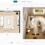 Interface du logiciel Kazaplan avec vue 2D et rendu 3D d'un séjour aménagé