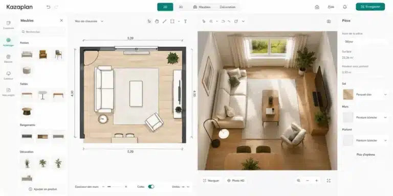 Interface du logiciel Kazaplan avec vue 2D et rendu 3D d'un séjour aménagé