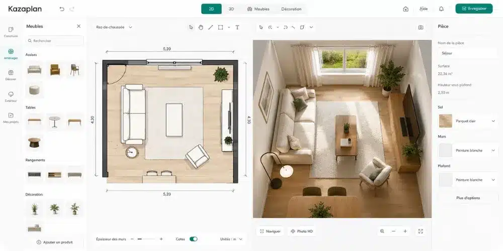 Interface du logiciel Kazaplan avec vue 2D et rendu 3D d'un séjour aménagé