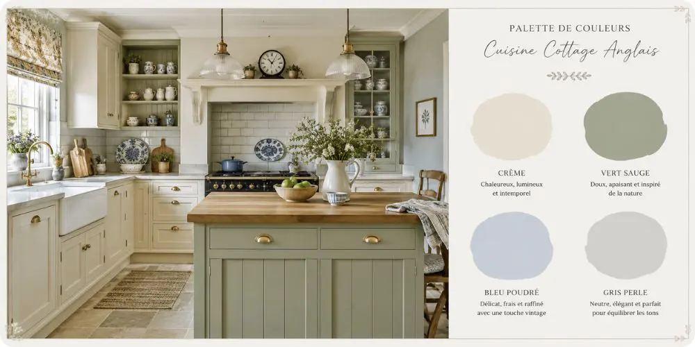 Palette de couleurs cuisine cottage anglais : crème, vert sauge, bleu poudré et gris perle