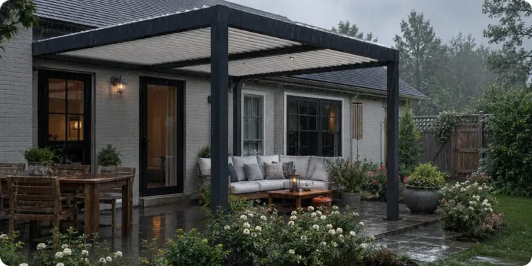 Patio sous la pluie avec pergola
