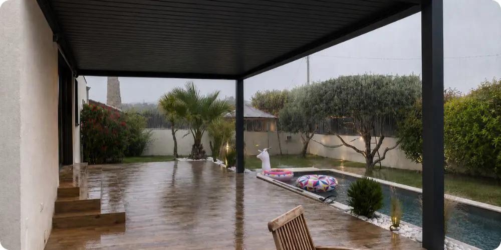 Pergola bioclimatique avec lames orientables aluminium fermées sous la pluie