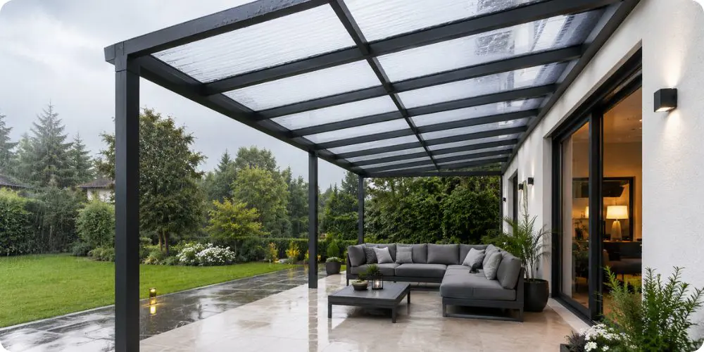 Pergola couverte de polycarbonate transparent protégeant de la pluie