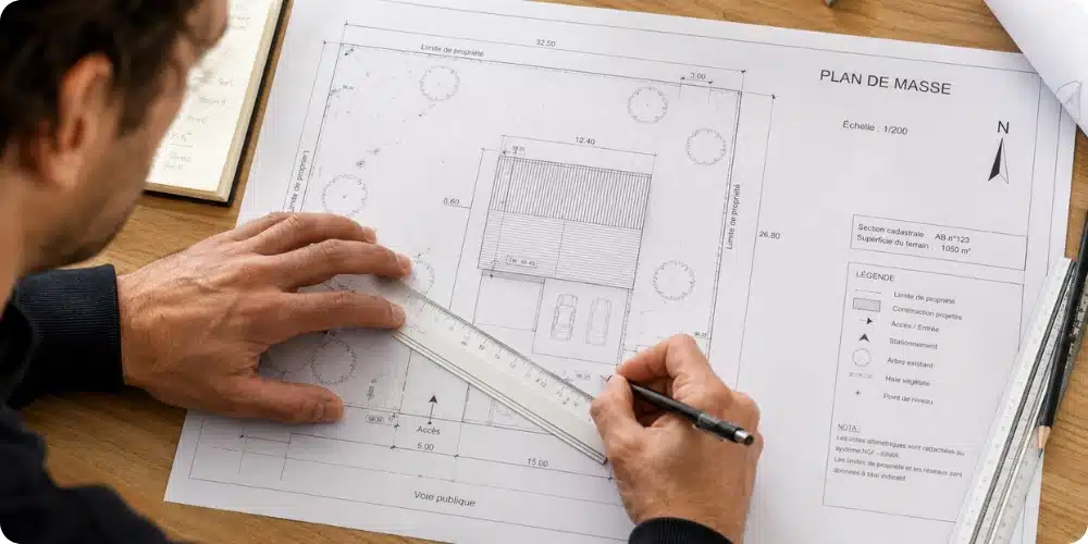 Personne dessinant un plan de masse sur papier avec règle et crayon technique