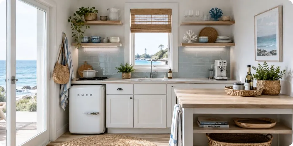 Petite cuisine bord de mer optimisée avec palette claire et étagères ouvertes