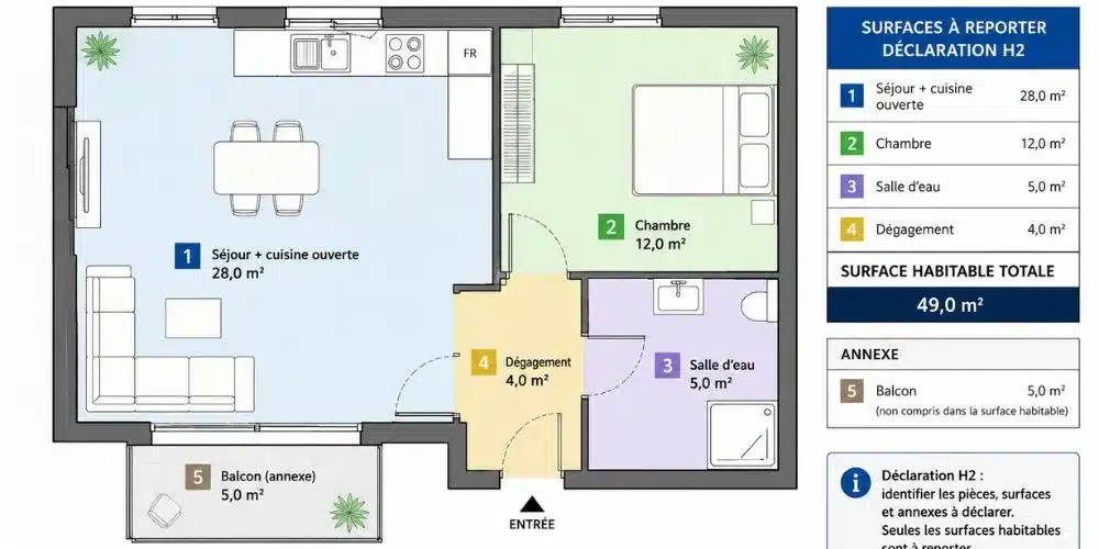 Plan d'appartement avec cuisine ouverte et zones de surface pour déclaration H2