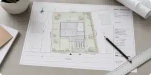 Plan de masse PCMI 2 sur table de travail avec règle et crayon pour permis de construire
