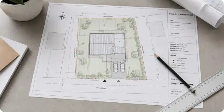 Plan de masse PCMI 2 sur table de travail avec règle et crayon pour permis de construire