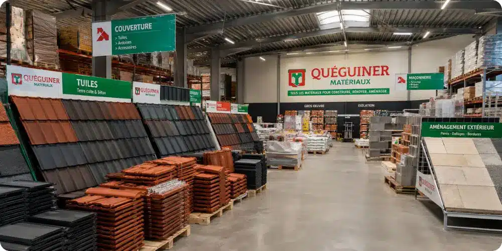 Rayon matériaux de construction et tuiles dans une agence Quéguiner Bretagne