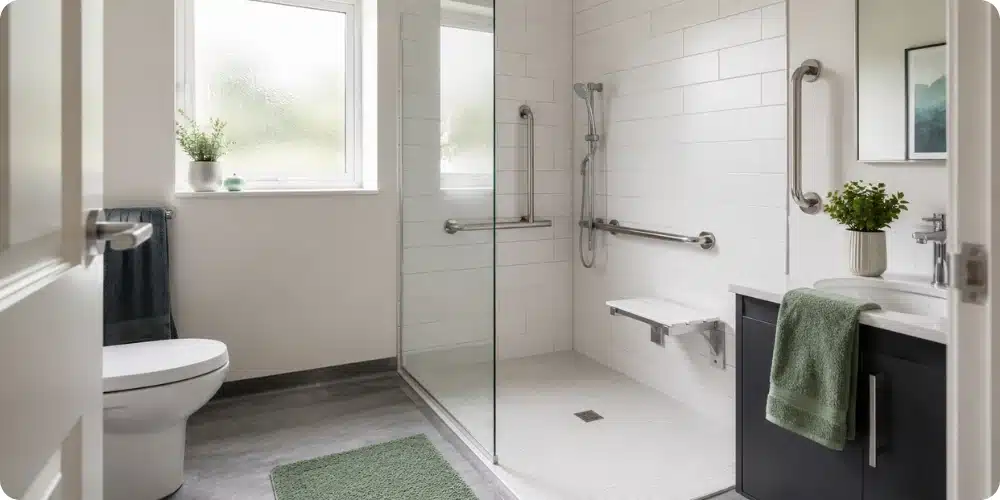 Salle de bain senior rénovée avec douche italienne de plain-pied et barres d'appui chromées