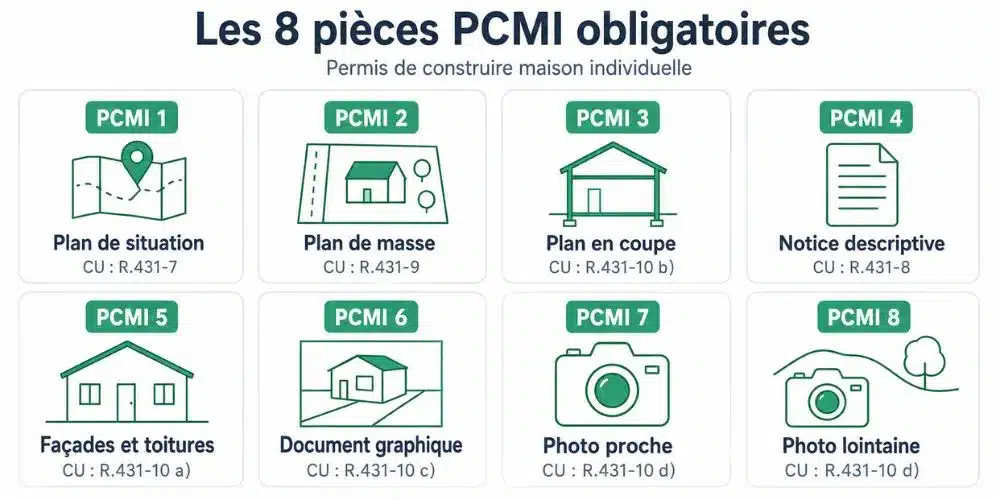 Schéma des 8 pièces obligatoires PCMI 1 à 8 pour un permis de construire maison individuelle