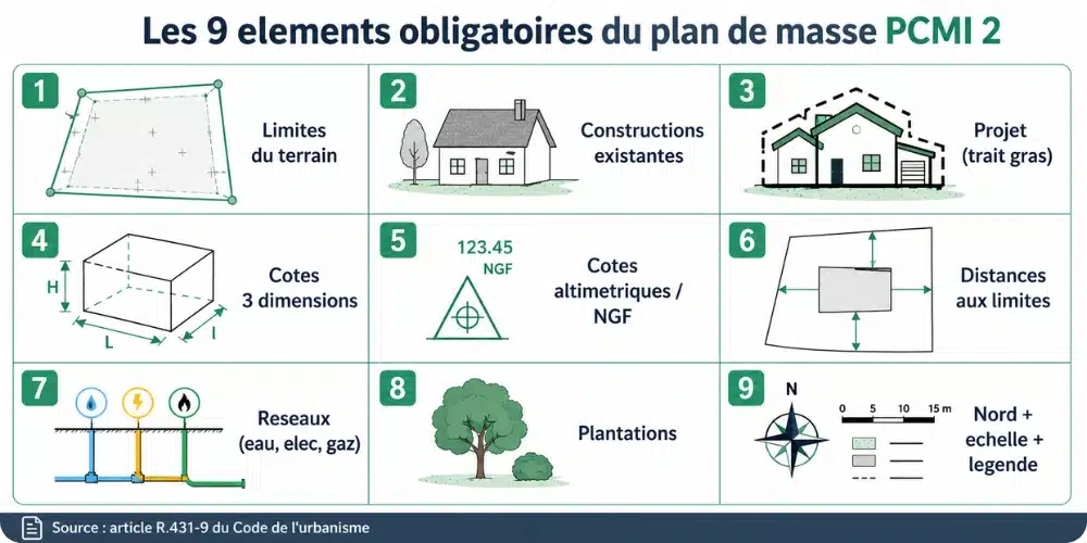 Schéma des neuf éléments obligatoires sur un plan de masse PCMI 2 pour permis de construire