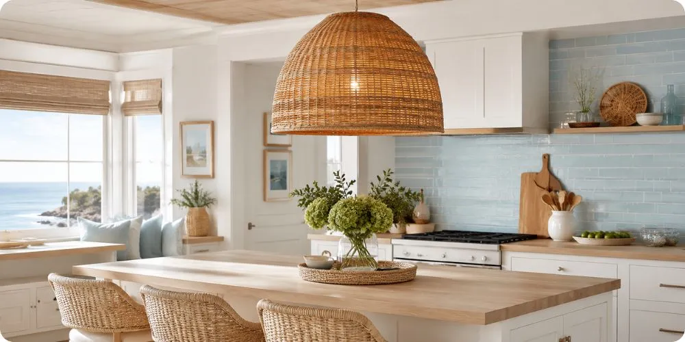 Suspension en rotin au-dessus d'un îlot de cuisine bord de mer, lumière naturelle latérale