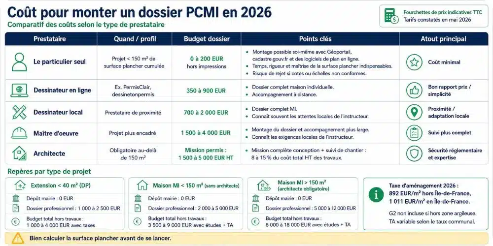 Tableau comparatif des coûts pour monter un dossier PCMI en 2026 selon le type de prestataire