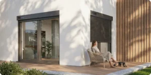 Volet roulant solaire aluminium installé sur fenêtre de maison moderne