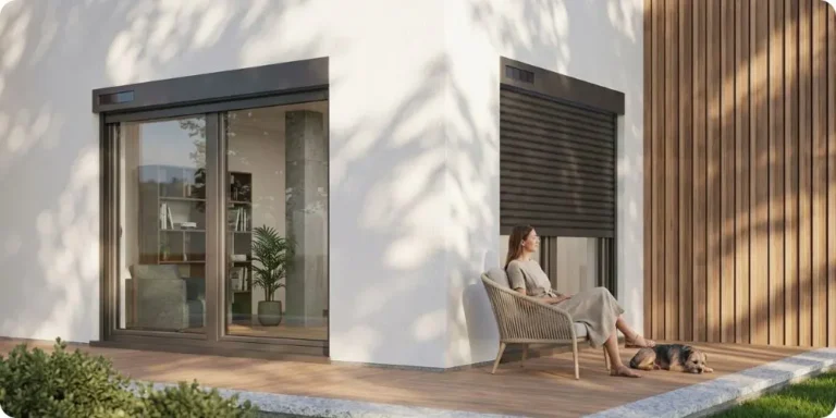Volet roulant solaire aluminium installé sur fenêtre de maison moderne