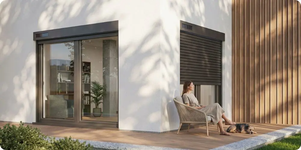 Volet roulant solaire aluminium installé sur fenêtre de maison moderne