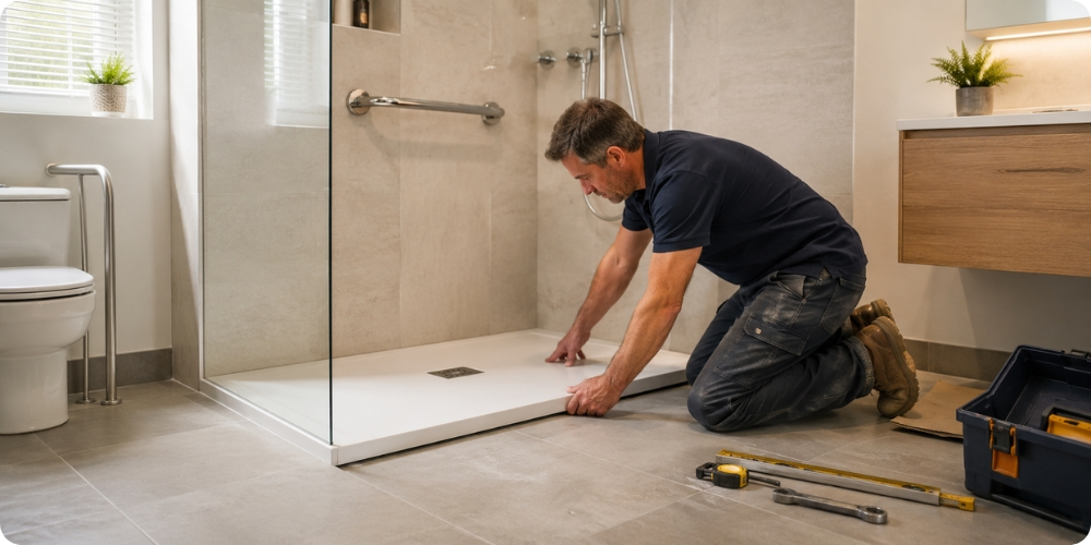 Artisan adaptant une douche pour personne âgée en posant un receveur extra-plat
