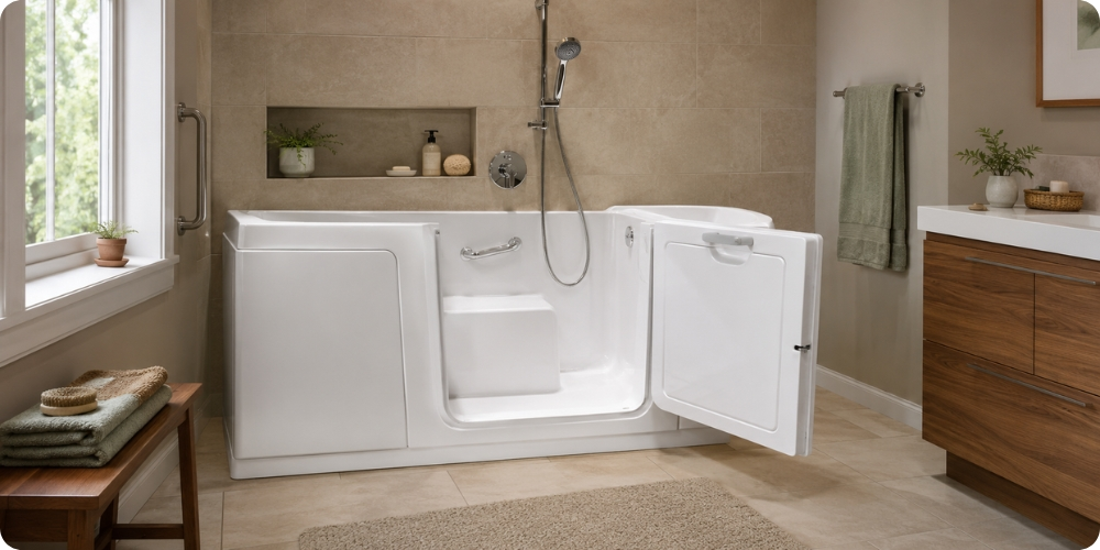 Baignoire à porte ouverte avec accès facilité pour personne âgée