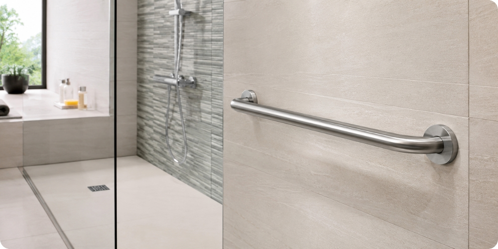 Barre d'appui en inox installée dans une douche à l'italienne moderne