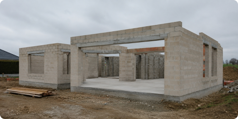 Chantier de maison individuelle interrompu, murs montés et intérieur non fini