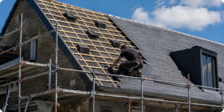 Chantier de réfection de toiture avec échafaudage et couvreur au travail