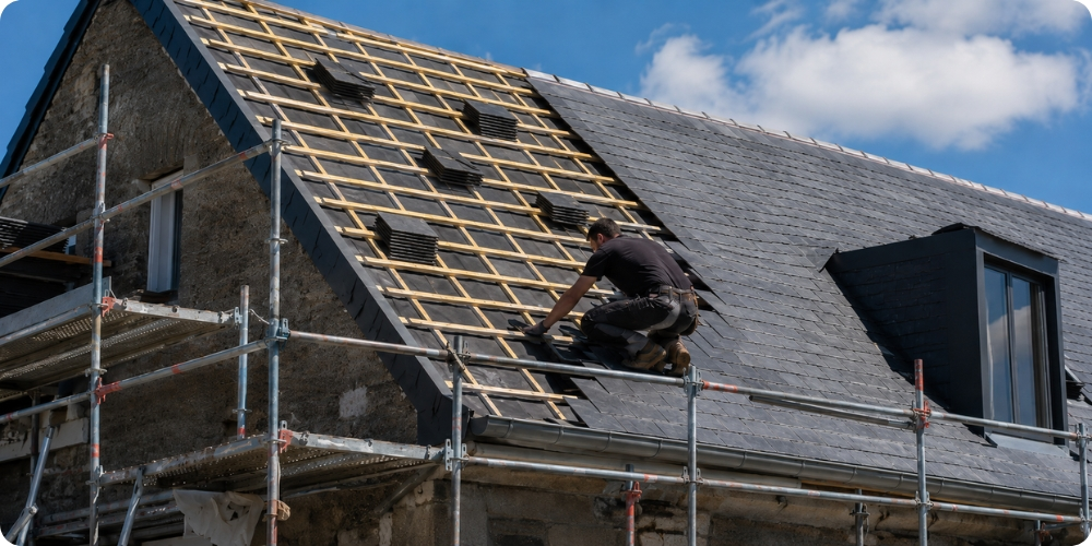Chantier de réfection de toiture avec échafaudage et couvreur au travail