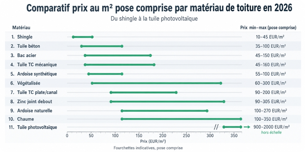 Comparatif prix au m² pose comprise par matériau de toiture en 2026 du shingle à la tuile photovoltaïque