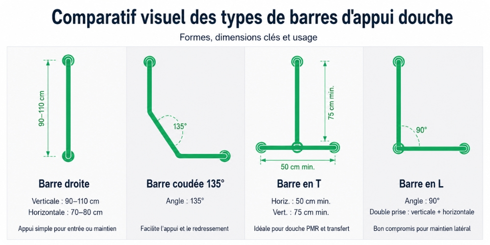 Comparatif visuel des types de barres d'appui douche : droite, coudée 135 degrés, en T et en L
