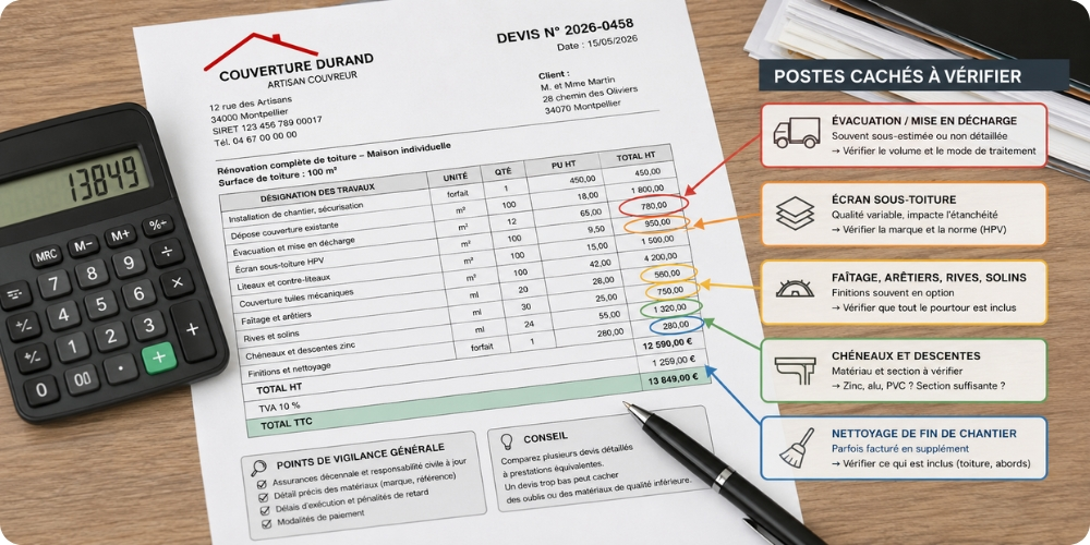 Devis de couvreur annoté avec les postes cachés à vérifier
