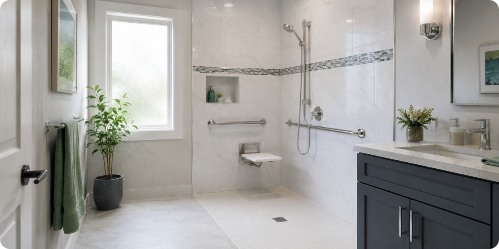 Douche italienne plain-pied adaptée pour une personne âgée avec siège et barres d'appui