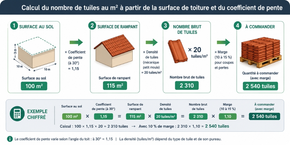Formule de calcul du nombre de tuiles au m² à partir de la surface de toiture et du coefficient de pente