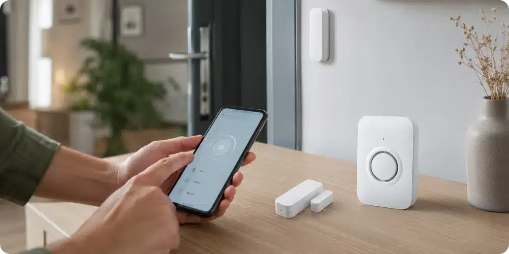 Installation d'une alarme sans fil pour porte d'entrée d'appartement, capteur et sirène en cours de configuration