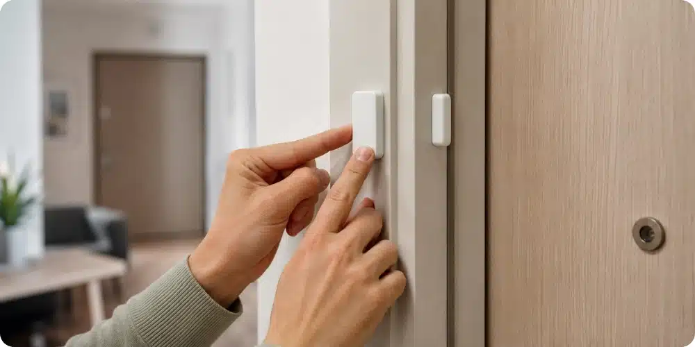 Mains posant un capteur magnétique adhésif sur la huisserie d'une porte d'entrée d'appartement en location