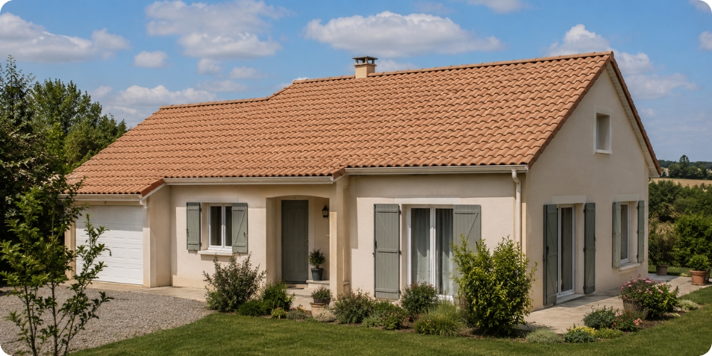 Maison avec toiture de 100 m² en tuiles mécaniques, vue extérieure
