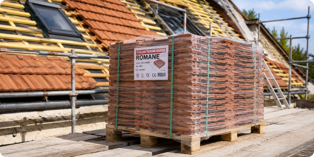 Palette de tuiles calée sur un chantier de rénovation de toiture