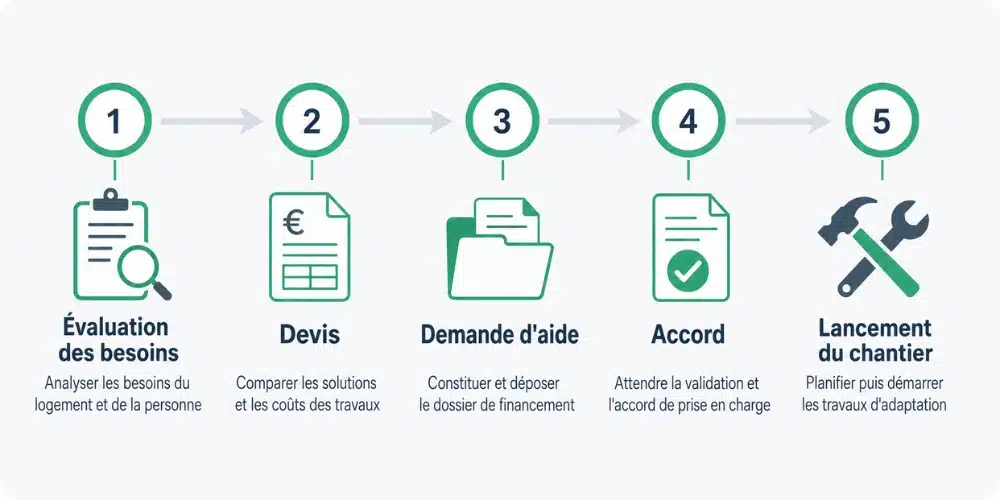Parcours en 5 étapes pour adapter son logement évaluation des besoins, devis, demande d'aide, accord, lancement du chantier