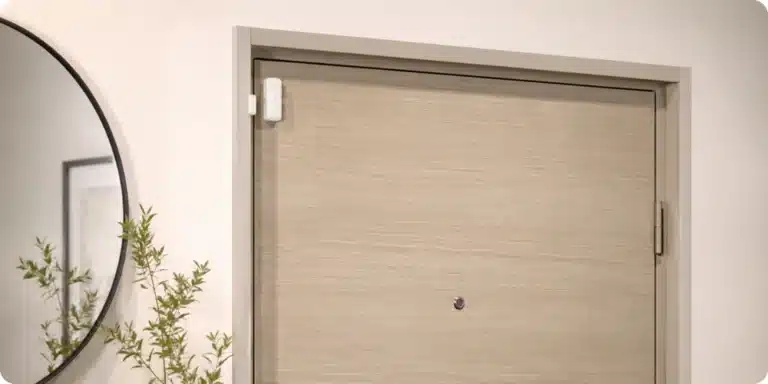Porte d'entrée d'appartement équipée d'un capteur magnétique d'alarme adhésif discret sur la huisserie