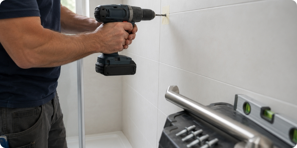 Pose d'une barre d'appui douche avec perçage sur carrelage et ruban anti-fissure
