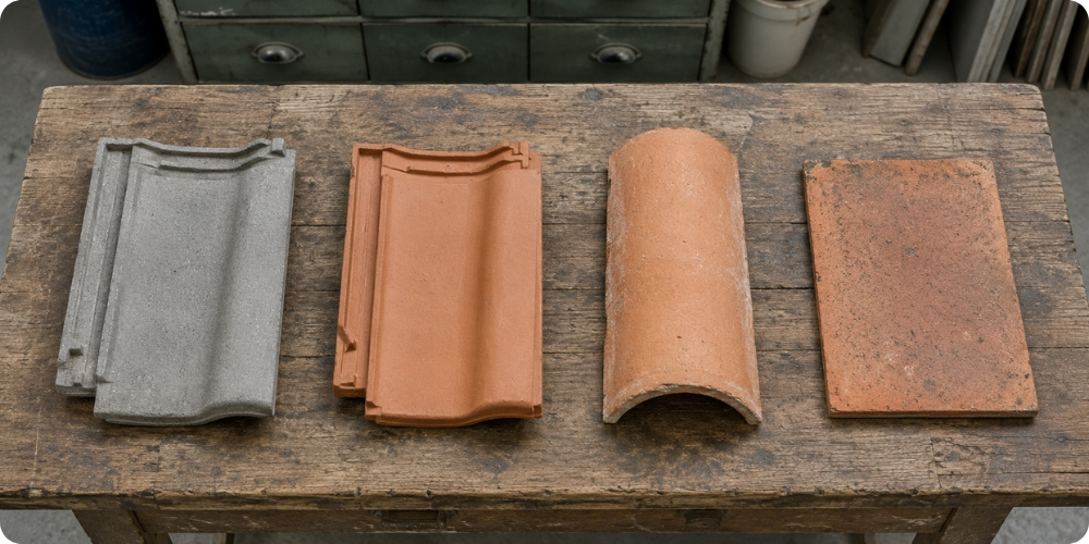Quatre types de tuiles côte à côte : béton, terre cuite, canal et plate