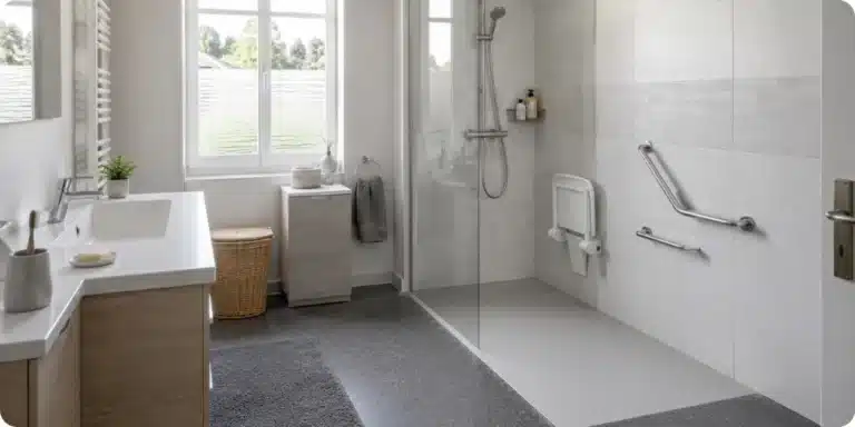 Salle de bain adaptée pour senior avec douche de plain-pied, barres d'appui et sol antidérapant