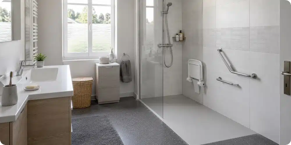 Salle de bain adaptée pour senior avec douche de plain-pied, barres d'appui et sol antidérapant