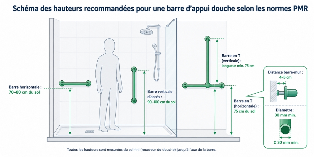 Schéma des hauteurs recommandées pour une barre d'appui douche selon les normes PMR