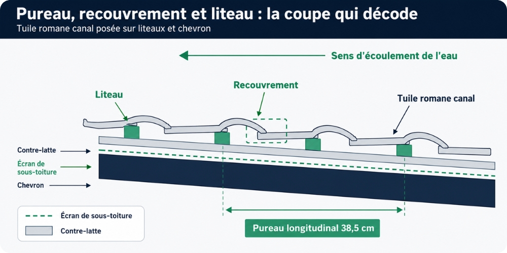 Schéma en coupe du pureau longitudinal, du recouvrement, du liteau et du chevron d'une toiture en tuile romane canal